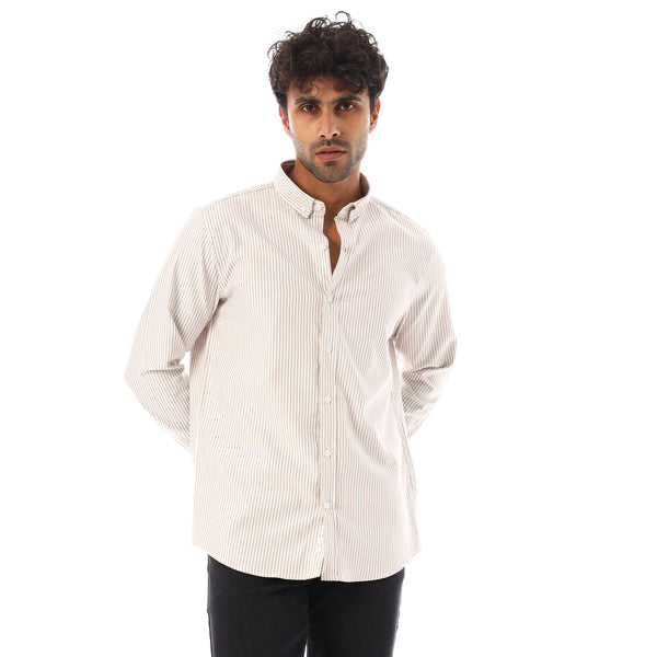 Turn Down Collar Striped Oxford Shirt - Dark Beige