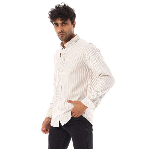 Turn Down Collar Striped Oxford Shirt - Dark Beige