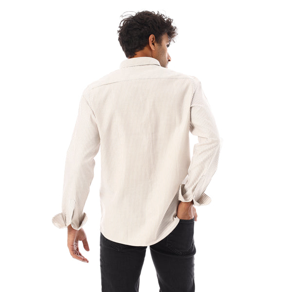 Turn Down Collar Striped Oxford Shirt - Dark Beige