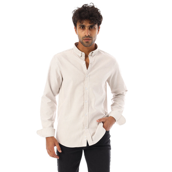 Turn Down Collar Striped Oxford Shirt - Dark Beige