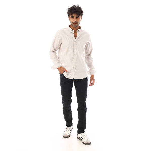 Turn Down Collar Striped Oxford Shirt - Dark Beige