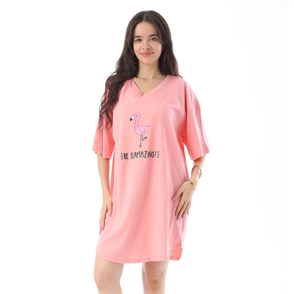 Printed Short Sleeves Oversized Sleepshirt - Light Rose