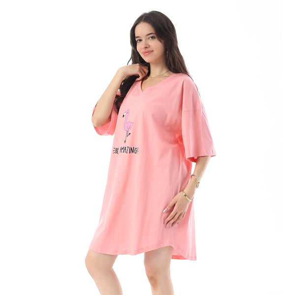 Printed Short Sleeves Oversized Sleepshirt - Light Rose