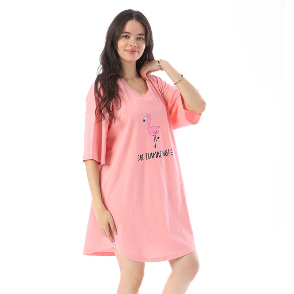 Printed Short Sleeves Oversized Sleepshirt - Light Rose