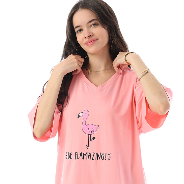 Printed Short Sleeves Oversized Sleepshirt - Light Rose