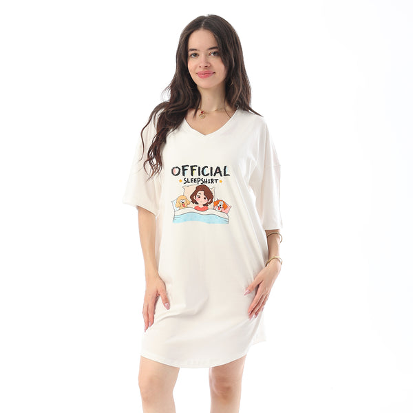 Printed Short Sleeves Oversized Sleepshirt - Off White