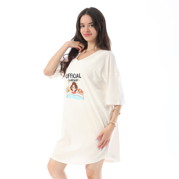 Printed Short Sleeves Oversized Sleepshirt - Off White