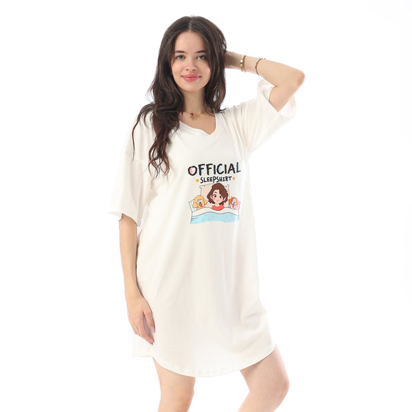 Printed Short Sleeves Oversized Sleepshirt - Off White