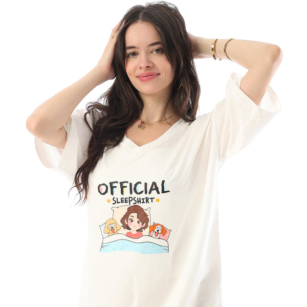 Printed Short Sleeves Oversized Sleepshirt - Off White