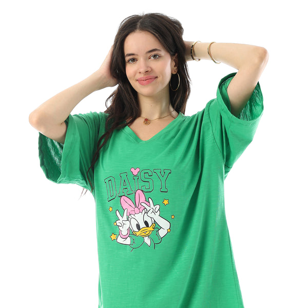 Printed Short Sleeves Oversized Sleepshirt - Green