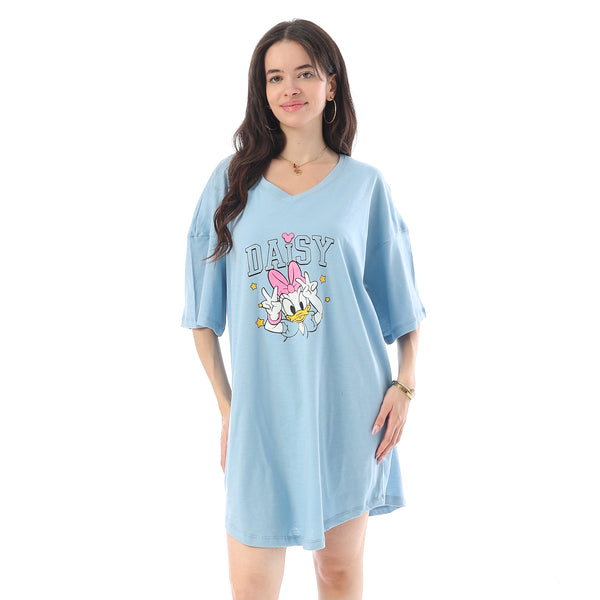 Printed Short Sleeves Oversized Sleepshirt - Light Blue