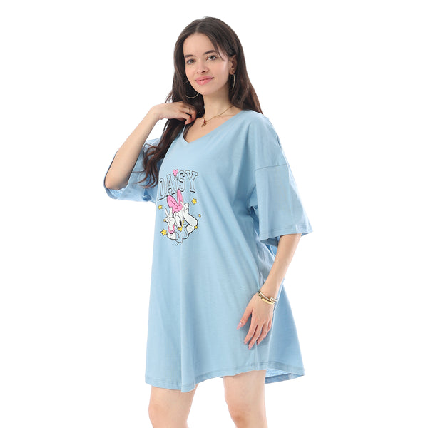Printed Short Sleeves Oversized Sleepshirt - Light Blue