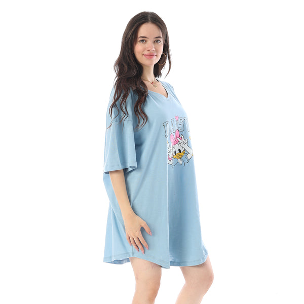 Printed Short Sleeves Oversized Sleepshirt - Light Blue