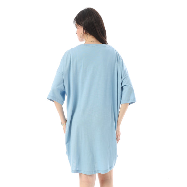 Printed Short Sleeves Oversized Sleepshirt - Light Blue