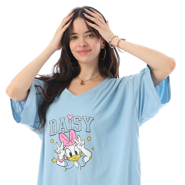 Printed Short Sleeves Oversized Sleepshirt - Light Blue