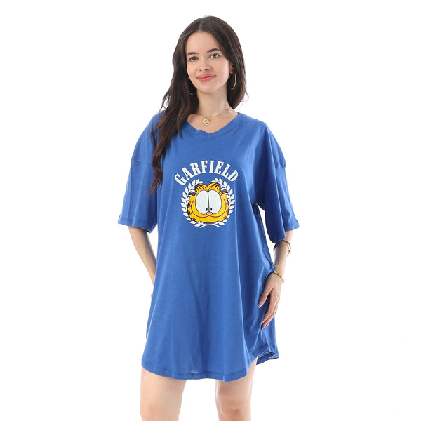 Printed Short Sleeves Oversized Sleepshirt - Blue