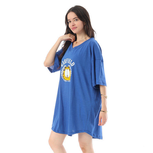 Printed Short Sleeves Oversized Sleepshirt - Blue