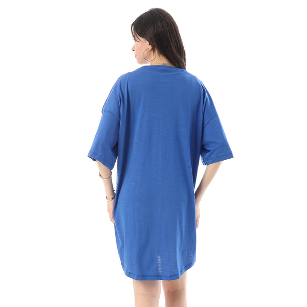 Printed Short Sleeves Oversized Sleepshirt - Blue
