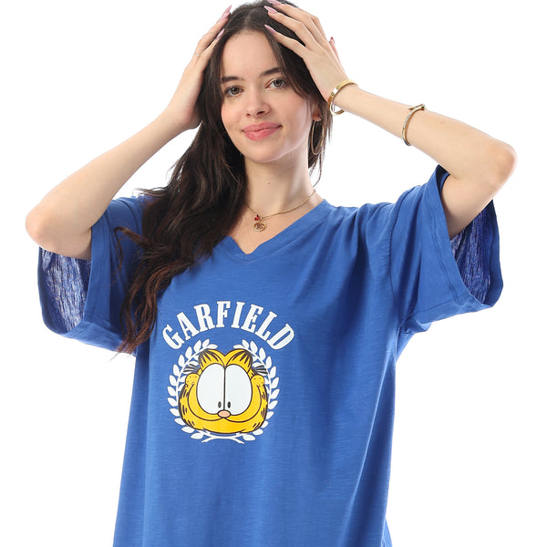Printed Short Sleeves Oversized Sleepshirt - Blue