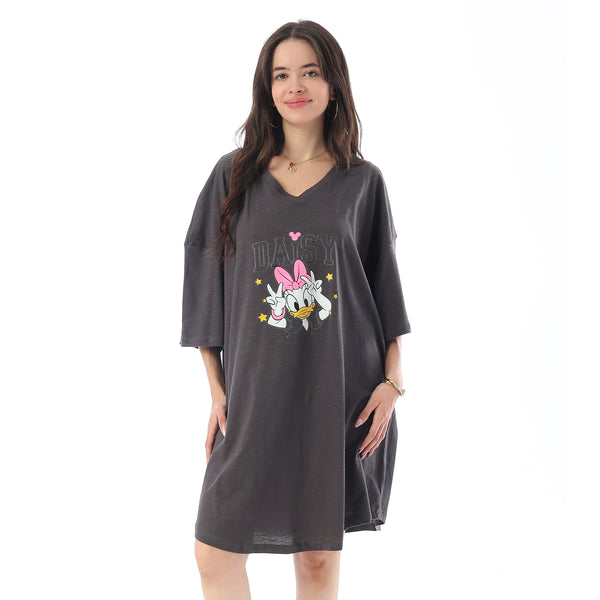 Printed Short Sleeves Oversized Sleepshirt - Dark Grey
