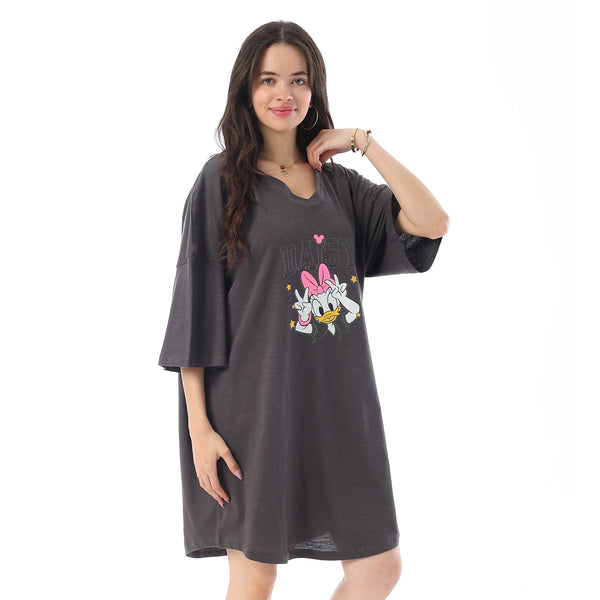 Printed Short Sleeves Oversized Sleepshirt - Dark Grey
