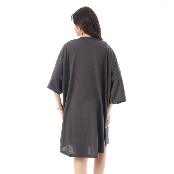 Printed Short Sleeves Oversized Sleepshirt - Dark Grey