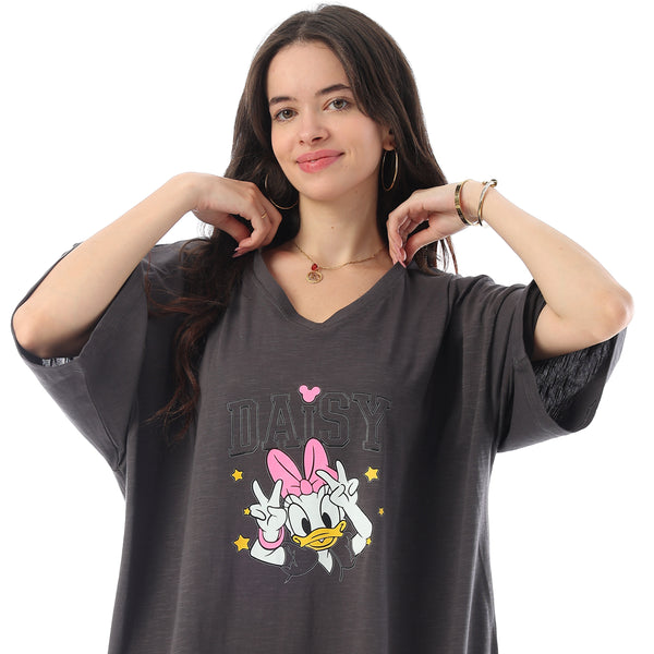 Printed Short Sleeves Oversized Sleepshirt - Dark Grey