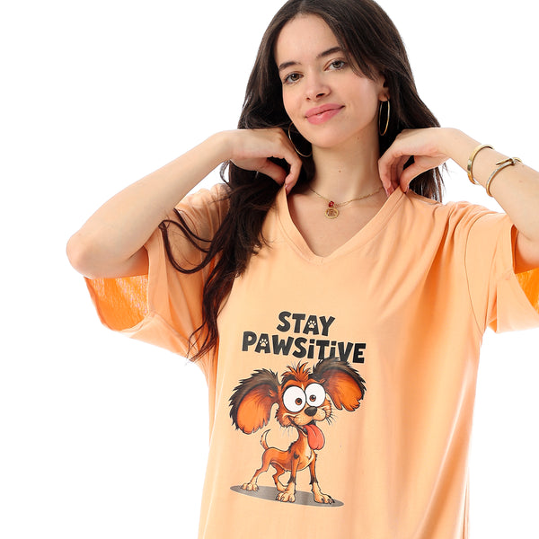 Printed Short Sleeves Oversized Sleepshirt - Pale Orange