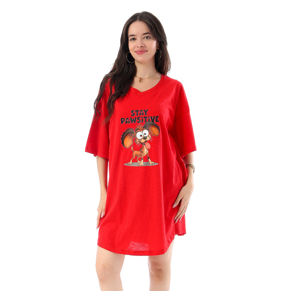 Printed Short Sleeves Oversized Sleepshirt - Red