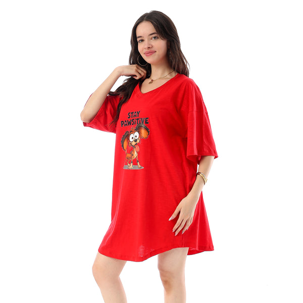Printed Short Sleeves Oversized Sleepshirt - Red