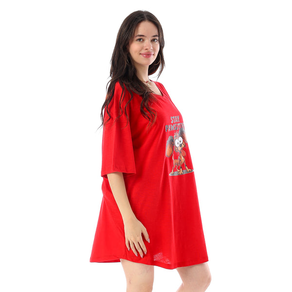Printed Short Sleeves Oversized Sleepshirt - Red