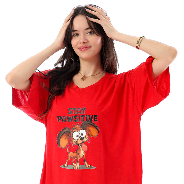 Printed Short Sleeves Oversized Sleepshirt - Red