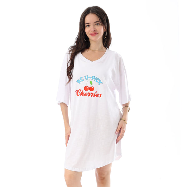 Printed Short Sleeves Oversized Sleepshirt - White
