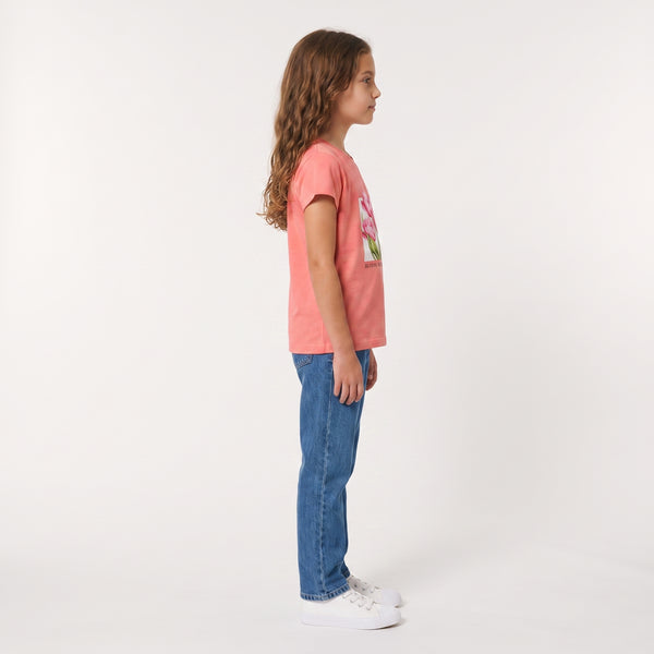 Regular Fit Slip On Printed Girls T-Shirt - Coral Pink