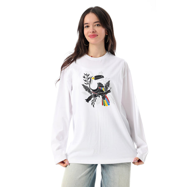 Crew Neck Printed Long Sleeves Oversized T-Shirt - White