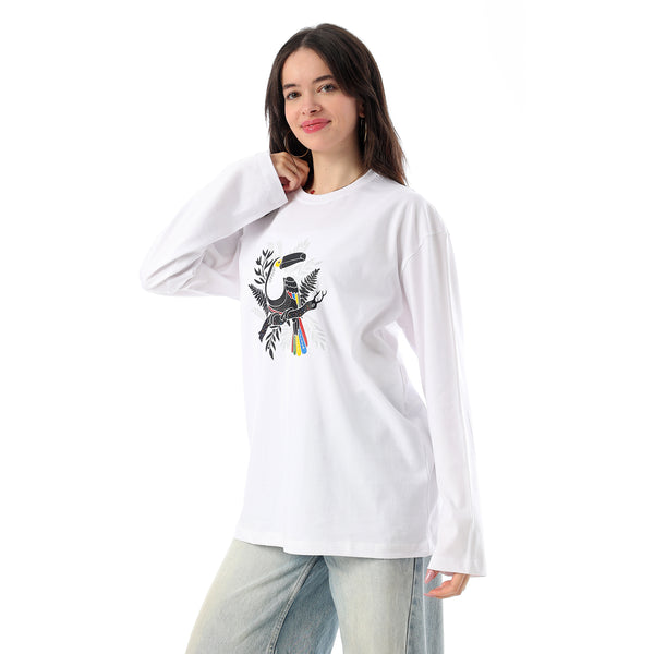 Crew Neck Printed Long Sleeves Oversized T-Shirt - White