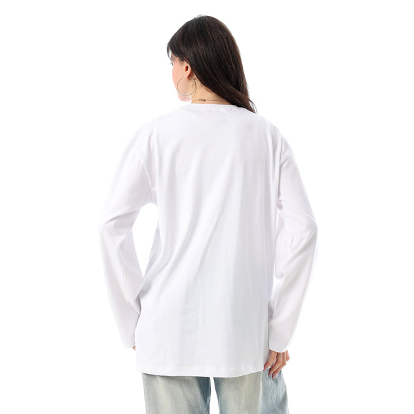Crew Neck Printed Long Sleeves Oversized T-Shirt - White