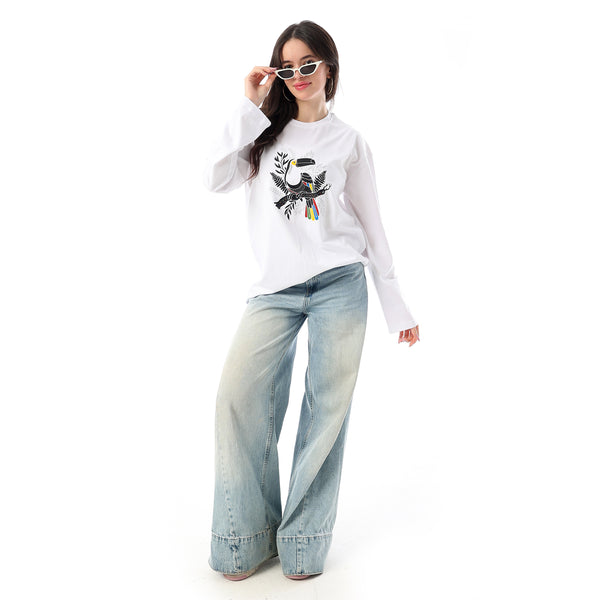 Crew Neck Printed Long Sleeves Oversized T-Shirt - White