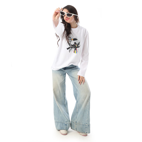 Crew Neck Printed Long Sleeves Oversized T-Shirt - White