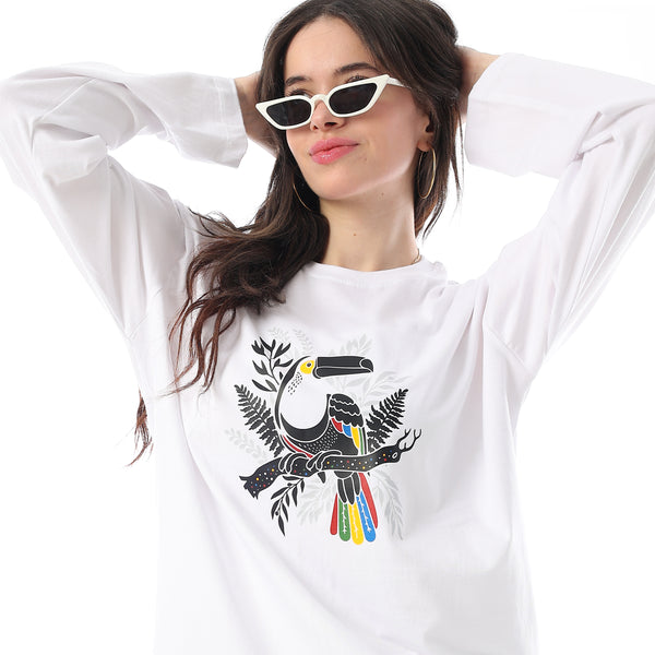 Crew Neck Printed Long Sleeves Oversized T-Shirt - White