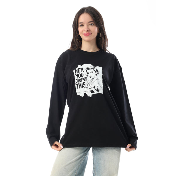 Crew Neck Printed Long Sleeves Oversized T-Shirt - Black