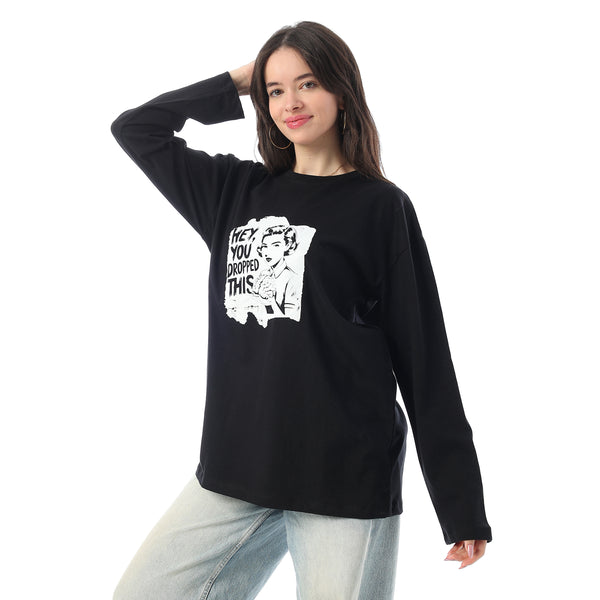 Crew Neck Printed Long Sleeves Oversized T-Shirt - Black