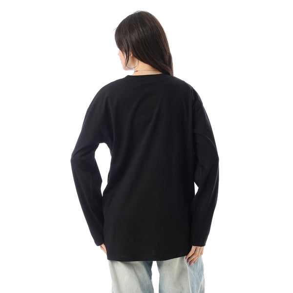Crew Neck Printed Long Sleeves Oversized T-Shirt - Black