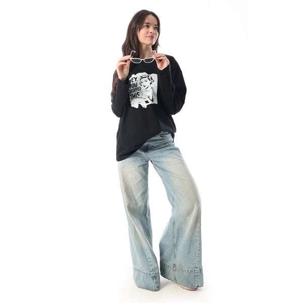 Crew Neck Printed Long Sleeves Oversized T-Shirt - Black