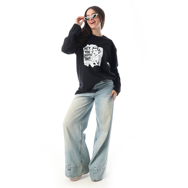 Crew Neck Printed Long Sleeves Oversized T-Shirt - Black