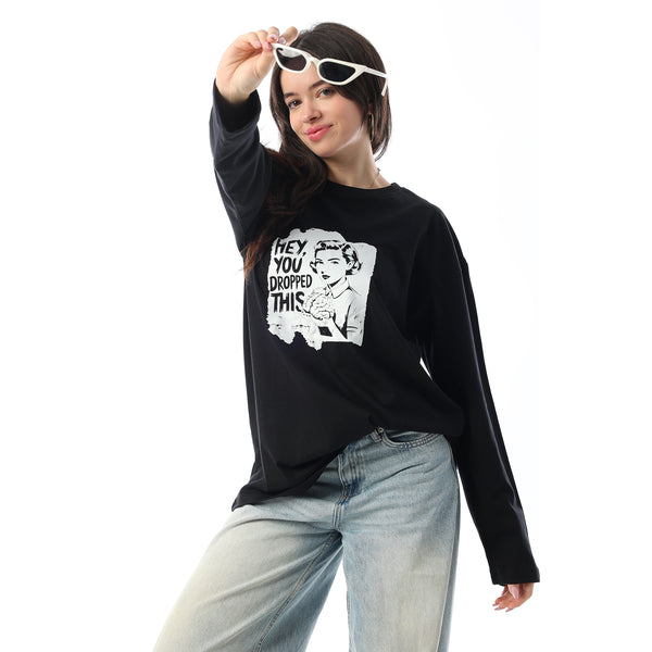 Crew Neck Printed Long Sleeves Oversized T-Shirt - Black