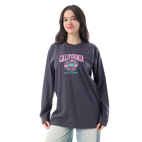 Crew Neck Printed Long Sleeves Oversized T-Shirt - Dark Grey