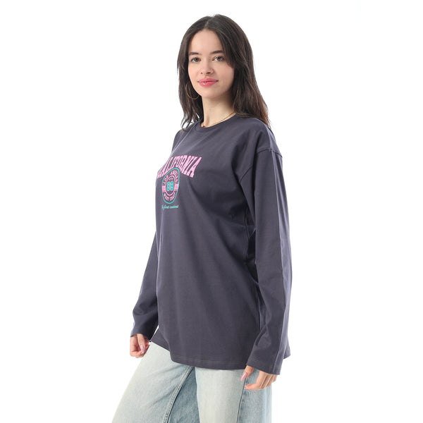 Crew Neck Printed Long Sleeves Oversized T-Shirt - Dark Grey