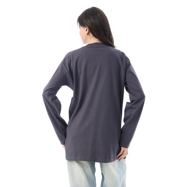 Crew Neck Printed Long Sleeves Oversized T-Shirt - Dark Grey