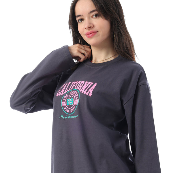 Crew Neck Printed Long Sleeves Oversized T-Shirt - Dark Grey